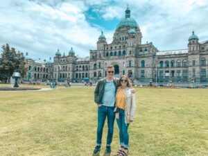 Couple in front of Parliament in Victoria BC