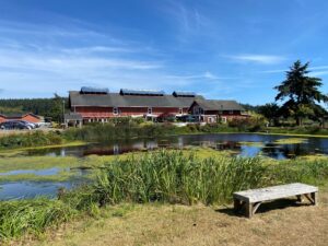 Greenbank farm on Whidbey island with view of garden, barn and pond