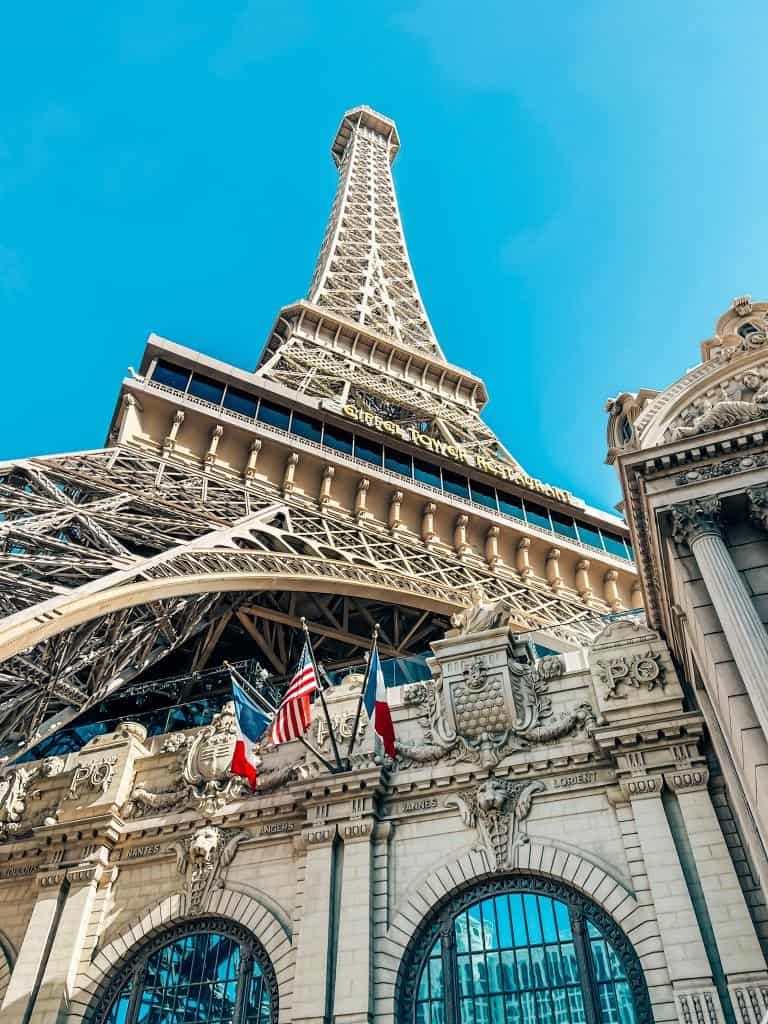 View looking up at the eiffel tower at the paris hotel in vegas