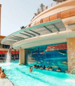 golden nugget pool with view of waterslide passing through aquarium in outdoor pool
