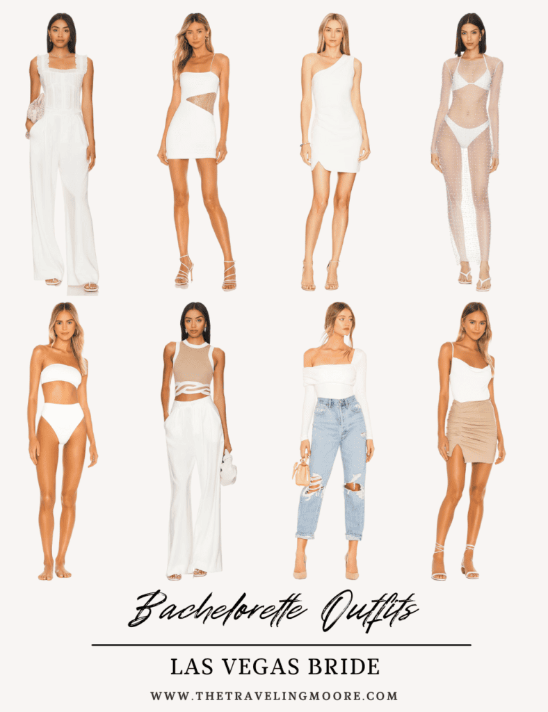 collage of outfit ideas for a bride in las vegas for their bachelorette