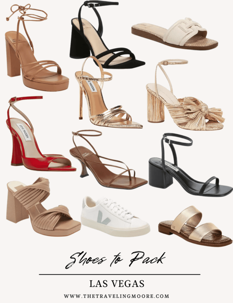 Shoe collage for vegas with heels, sandals, and sneakers