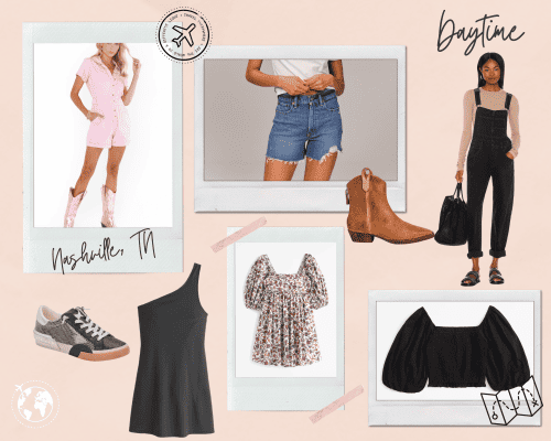 Collage of daytime outfit ideas such as dresses, rompers, and denim shorts