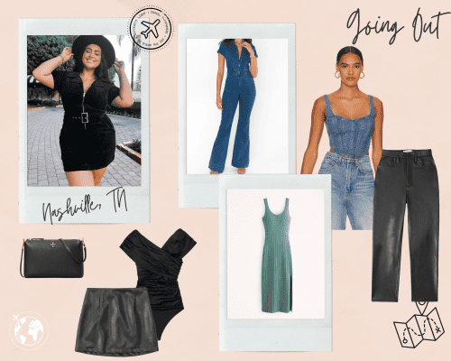 Collage of nightlife outfit ideas such as jumpsuits, leather pants, and a dress