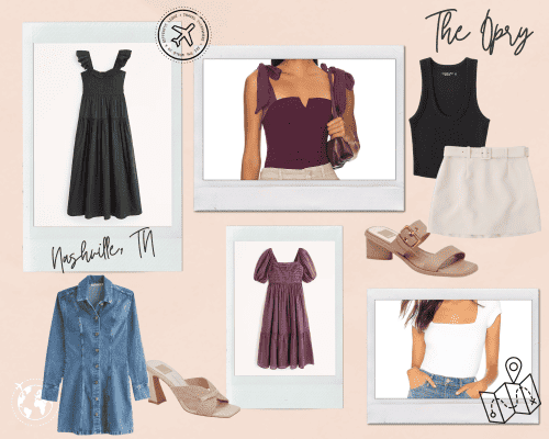 Collage of outfit ideas for the opry, including dresses, skirts, and blouses
