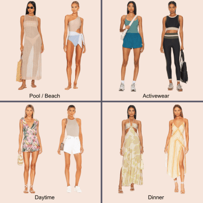 Collage of eight outfit ideas for Oahu to wear to the pool, hiking, daytime, or dinner