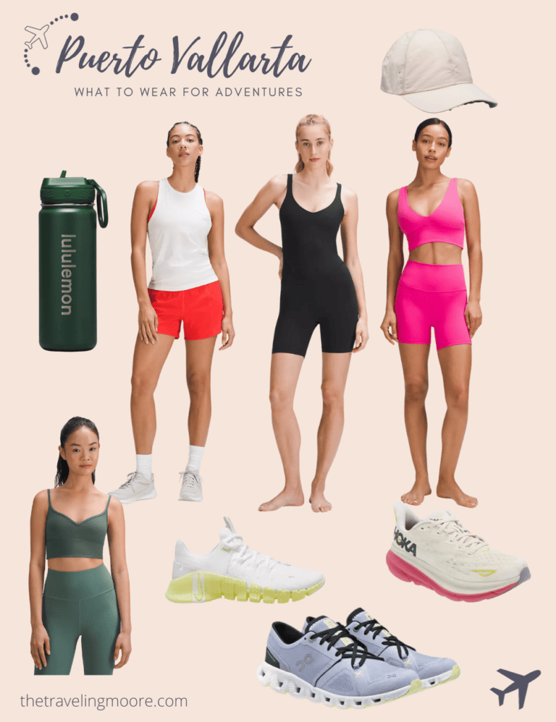 Active outfits for a mexico vacation - shorts, sports bras, sneakers, water bottle, hat