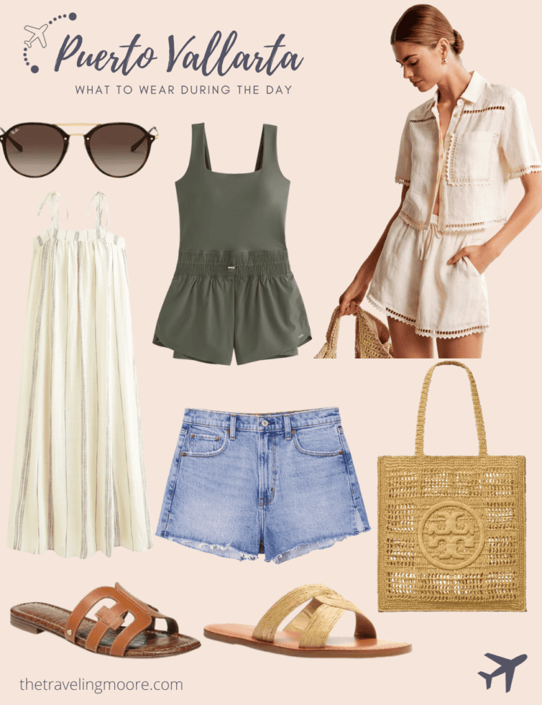 Collage of what to wear in Puerto Vallarta during the day. Shorts, romper, sandals, maxi dress, beach bag, sunglasses.