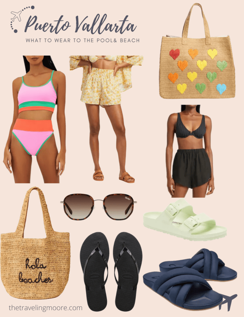 Beach and pool outfit ideas, swimsuits, cover up, beach bags, flip flops