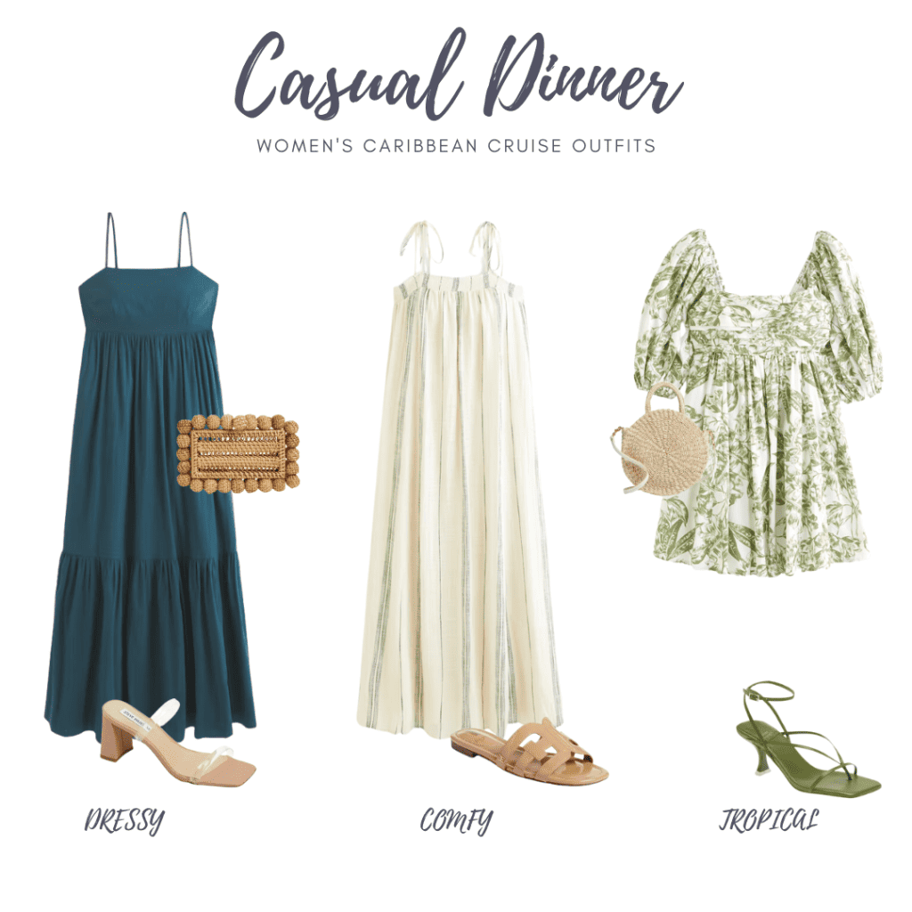 Three casual dinner outfit ideas for a cruise for women