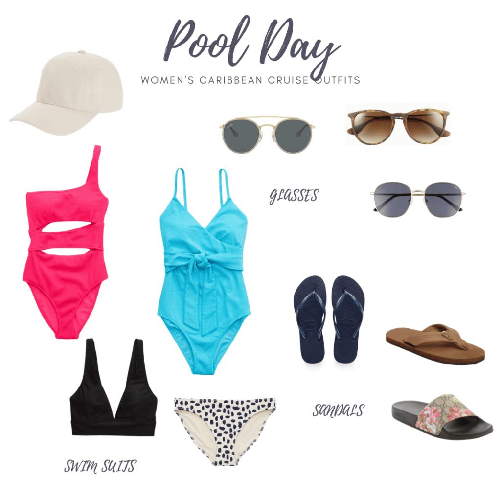 Collage of swimwear, sandals, and sunglasses to wear to the pool or beach on a cruise
