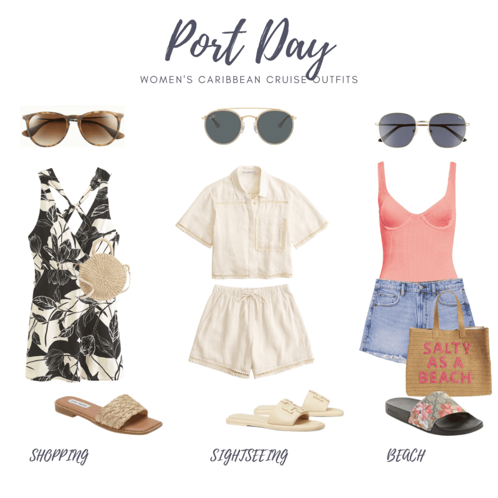 Collage of three outfit ideas to wear in a caribbean cruise port