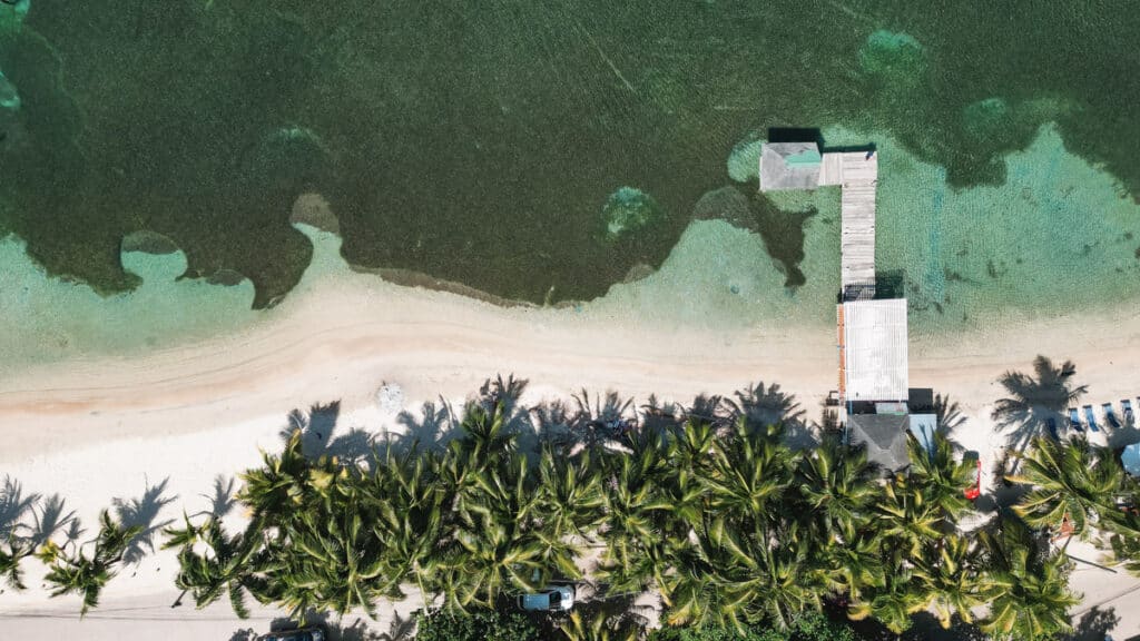 Overhead view of the sandy shores and crystal-clear waters of Roatan's Playa west end beach with a wooden pier jutting out, showcasing the serene beaches typical of the island, framed by verdant palm trees