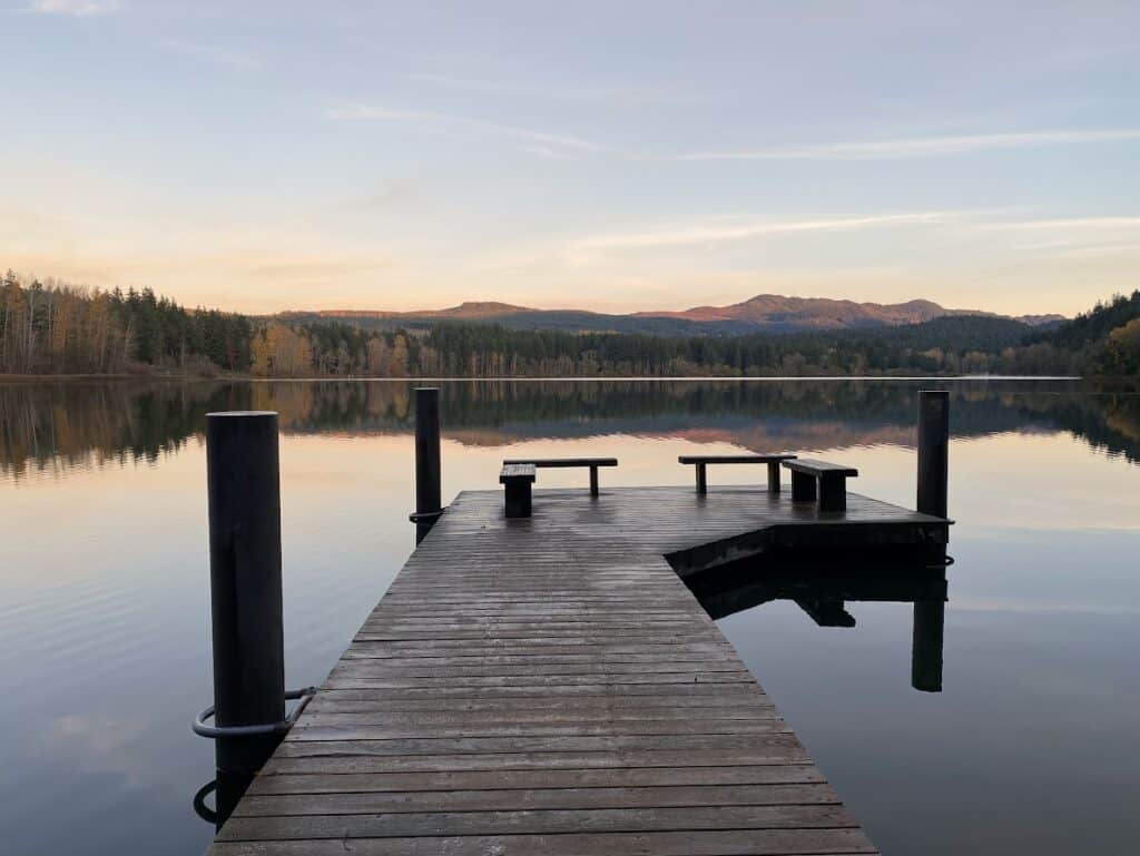 Lake with dock at sunset in Bellingham Washington
