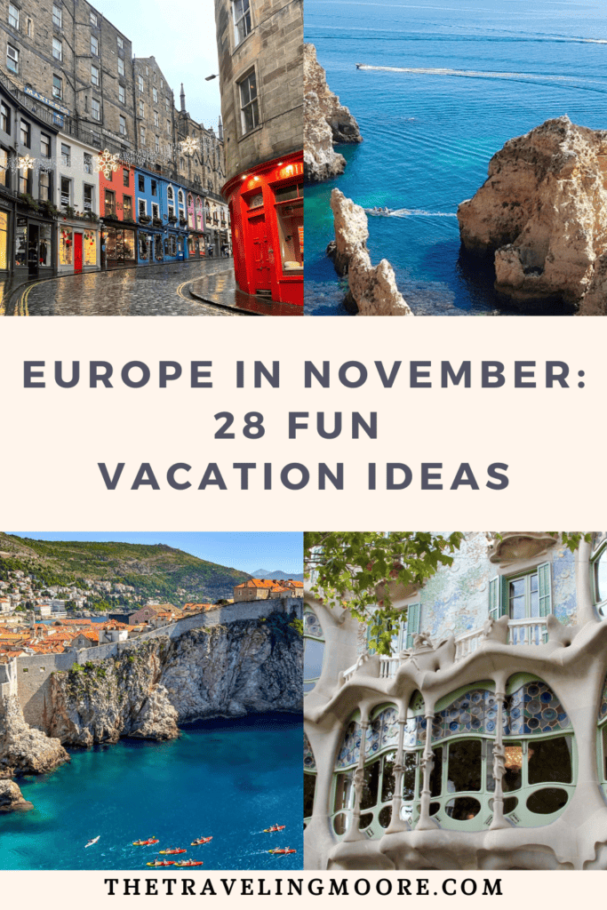 Europe in November: 28 Fun Vacation Ideas - A travel poster with a collage of European scenes including a cobblestone street with colorful buildings and a red telephone box, a crystal-clear ocean view with rugged cliffs, a coastal town nestled by the sea, and the unique architecture of Gaudí