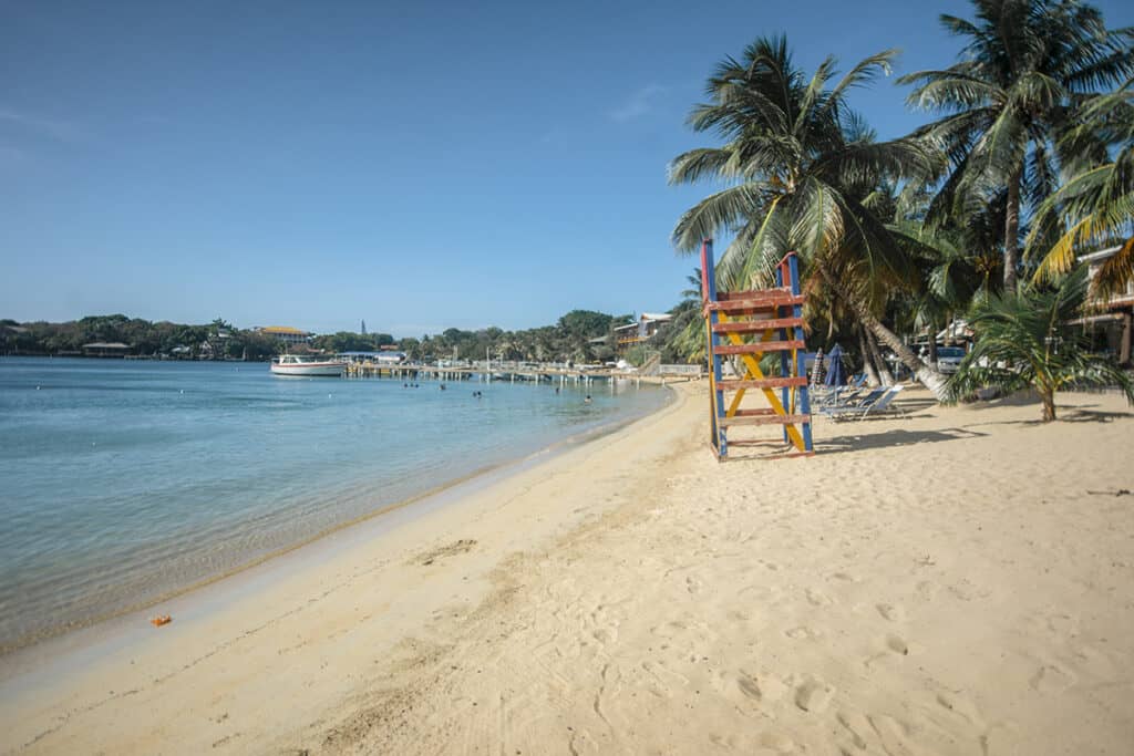 Scenic view of Half Moon Bay in Roatan, Honduras, featuring a tranquil beach with powdery sand, swaying palm trees, a colorful lifeguard stand, and a clear blue sky, with boats moored by a distant pier.