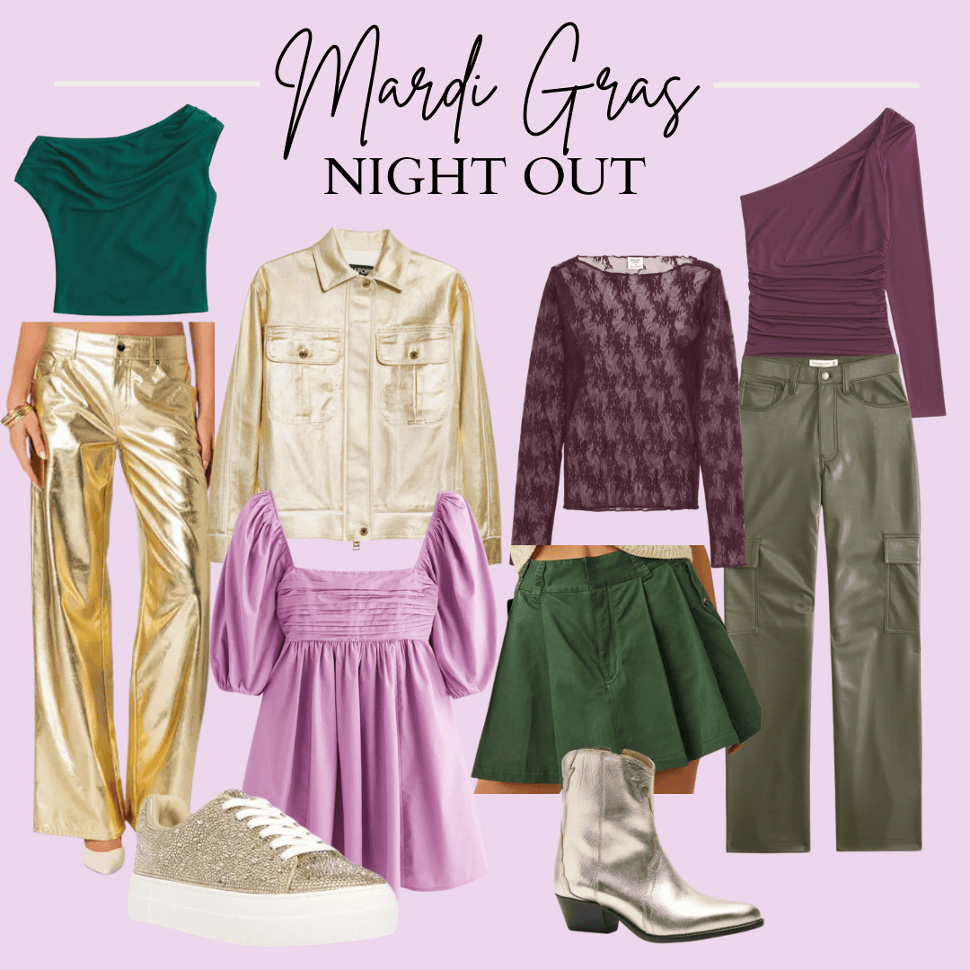 Mardi Gras night out outfit collage with pants, shoes, and dressy tops