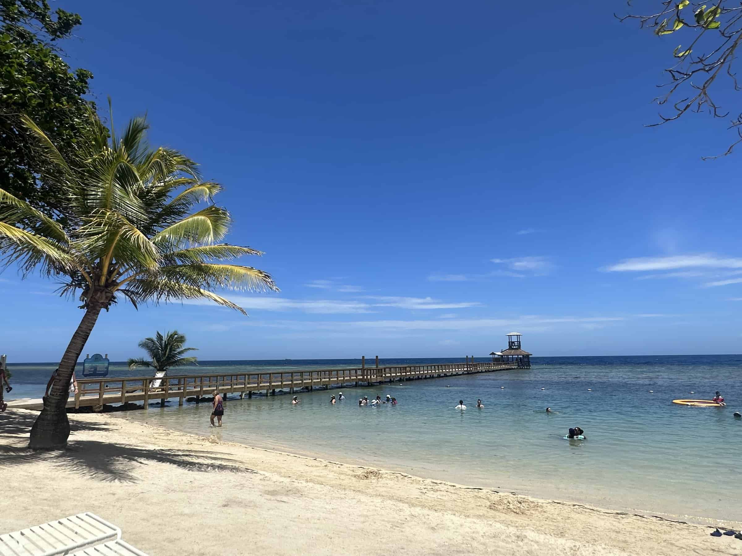 Clear day at Maya Key private island off Roatan, with visitors enjoying the calm turquoise waters near a wooden pier, a single palm tree adding tropical charm to the sun-kissed sandy beach