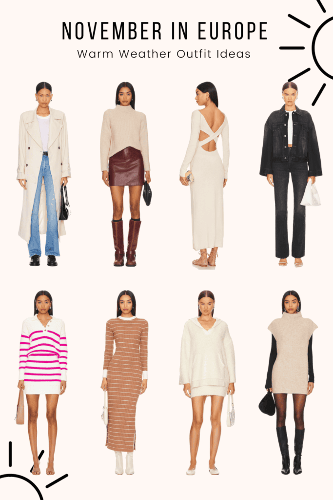 November in Europe Warm Weather Outfit Ideas: A visual guide displaying eight chic outfits suitable for warmer climates, featuring light outerwear, a leather skirt, cut-out dresses, denim, and knitwear, accessorized with boots, heels, and elegant bags.