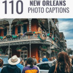 A promotional image for '110 New Orleans Photo Captions' featuring a vibrant street scene with a crowd looking at a traditional balcony adorned with Mardi Gras decorations in New Orleans.