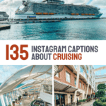 Pinterest Collage with Text "135 instagram captions about cruising" and three images of the interior and exterior of a cruise ship
