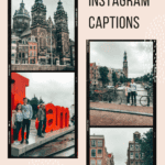 The image is a collage for a blog post titled "AMSTERDAM INSTAGRAM CAPTIONS" from 'thetravelingmoore.com'. It features three photos: a historic church with intricate architecture, a group of people posing in front of the large 'I amsterdam' sign, and a cyclist on a quaint Amsterdam street with iconic Dutch buildings. The collage likely offers ideas for Instagram captions inspired by travel experiences in Amsterdam.