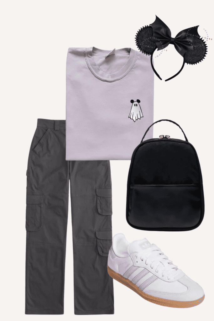 A coordinated outfit display with a Halloween twist. A lilac-colored t-shirt with a ghost graphic is paired with dark gray cargo pants. The accessories include a black backpack and a dark-themed mouse ears headband adorned with a spooky design. White sneakers with a gum sole are laid out to complete this trendy Halloween look.