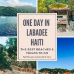 Pinterest Pin With text: one day in labadee haiti the best beaches and things to do. Grid with four photos of the island's beaches and walking paths.