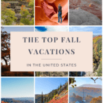 A collage of scenic fall destinations in the United States, featuring a rustic bridge over a forested gorge, the swirling rock formations of Antelope Canyon, the vibrant red rock of White Pocket, Bryce Canyon's hoodoos at sunrise, a hiker on a mountain trail, and a church amidst autumn foliage