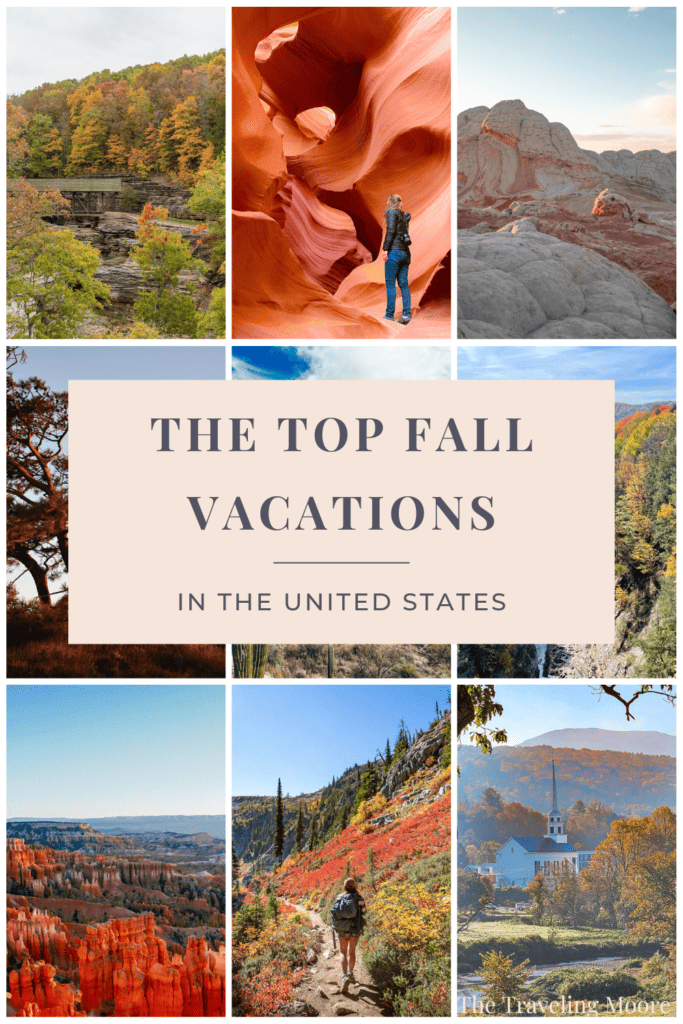 A collage of scenic fall destinations in the United States, featuring a rustic bridge over a forested gorge, the swirling rock formations of Antelope Canyon, the vibrant red rock of White Pocket, Bryce Canyon's hoodoos at sunrise, a hiker on a mountain trail, and a church amidst autumn foliage