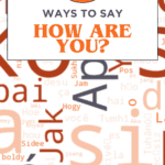 A creative display featuring '100 WAYS TO SAY HOW ARE YOU?' surrounded by a word cloud in various fonts and languages, emphasizing the universal nature of this greeting.