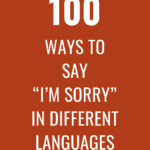 Bold text on a deep orange background stating '100 WAYS TO SAY "I'M SORRY" IN DIFFERENT LANGUAGES,'