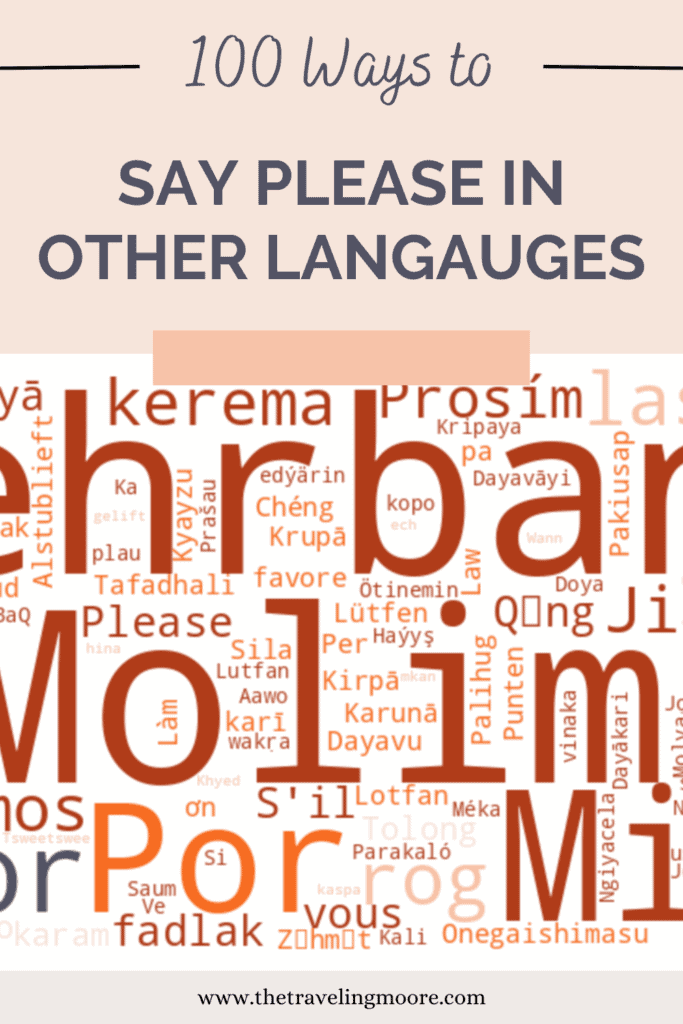 An informative graphic titled '100 Ways to SAY PLEASE IN OTHER LANGUAGES' against a peach backdrop with a word cloud of 'Please' in various languages, including prominent words like 'Por Favor', 'S'il Vous Plaît', and 'Onegaishimasu'.