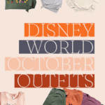 A collection of Disney World themed outfits for October, featuring various Disney character printed tops and Halloween-inspired accessories. The top row displays a green sweatshirt with classic characters, a grey t-shirt with a 'Boo!' motif, and a cream sweatshirt with Mickey balloons. Below, large text reads 'Disney World October Outfits'. The bottom section shows a peach t-shirt with Halloween characters, a green and orange tee with ghost prints, purple sweatpants, and Disney headbands with Halloween patterns and a black bow