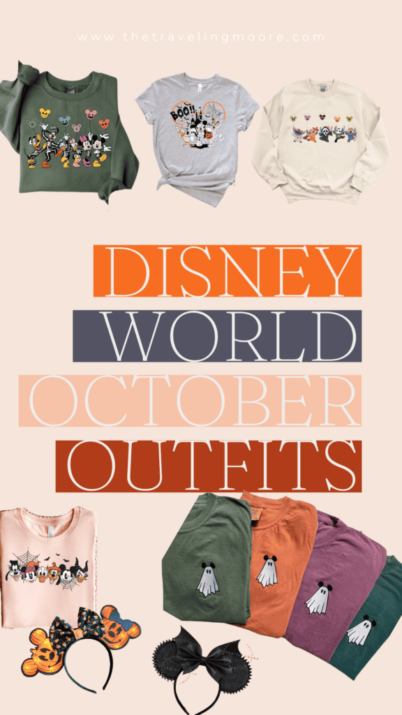 A collection of Disney World themed outfits for October, featuring various Disney character printed tops and Halloween-inspired accessories. The top row displays a green sweatshirt with classic characters, a grey t-shirt with a 'Boo!' motif, and a cream sweatshirt with Mickey balloons. Below, large text reads 'Disney World October Outfits'. The bottom section shows a peach t-shirt with Halloween characters, a green and orange tee with ghost prints, purple sweatpants, and Disney headbands with Halloween patterns and a black bow