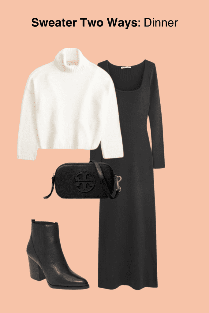 An elegant dinner outfit layout presenting a white turtleneck sweater, a long black dress, a small black leather crossbody bag with a quilted logo, and black leather ankle boots, set against a soft peach background with the caption 