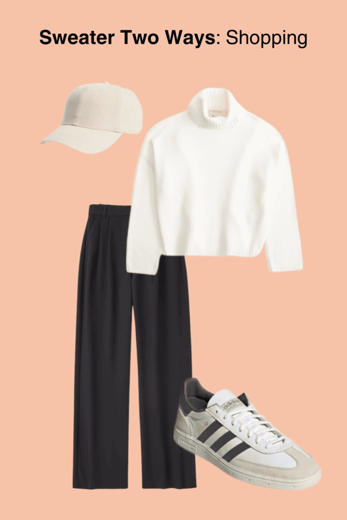 A minimalist fashion collage featuring a shopping outfit with a cream turtleneck sweater, black wide-leg trousers, and classic white Adidas sneakers, complemented by a beige baseball cap, against a peach background with the text 