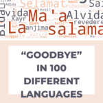 A graphic featuring the phrase 'GOODBYE IN 100 DIFFERENT LANGUAGES' for travelers, arranged in a word cloud with various international farewells like 'Adiós,' 'Sayonara,' and 'Arrivederci.'