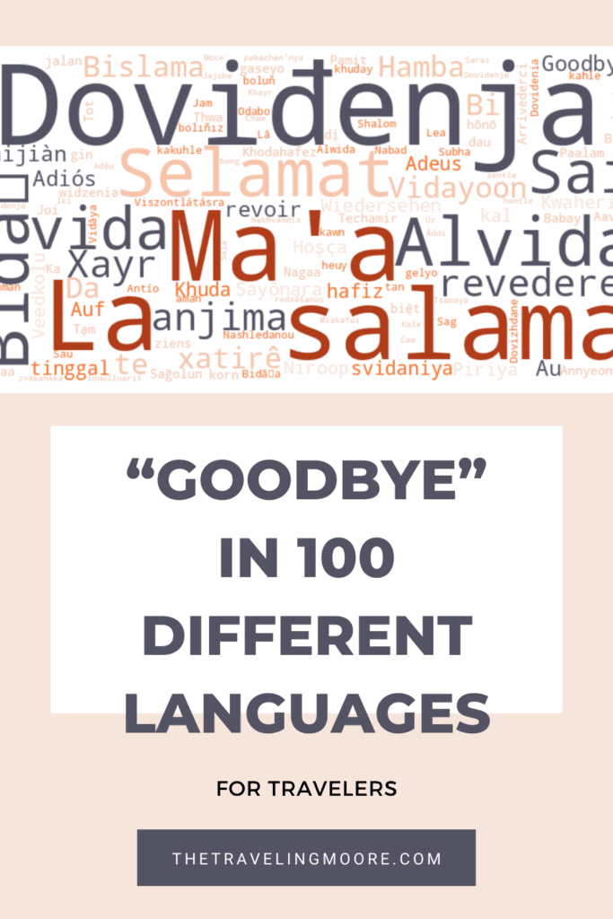 A graphic featuring the phrase 'GOODBYE IN 100 DIFFERENT LANGUAGES' for travelers, arranged in a word cloud with various international farewells like 'Adiós,' 'Sayonara,' and 'Arrivederci.' 