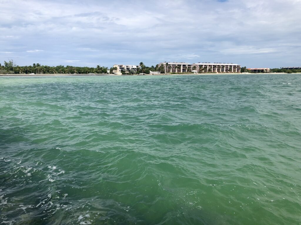 View from the sea of the Key West shoreline with tropical greenery and developing waterfront property, the turquoise waters of the Gulf of Mexico gently undulating under a partly cloudy sky.