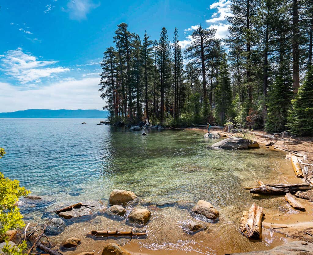 Crystal-clear waters of Lake Tahoe, California, with a view of pine trees lining the shore and a person standing on a rock, enjoying the tranquil setting and the expansive view under a blue sky.