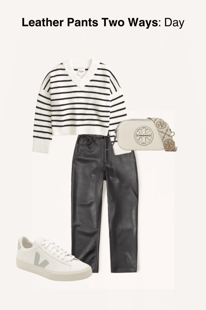 A style mood board for daytime wear showing black leather pants paired with a white and black striped sweater, off-white sneakers with a green 'V' logo, and a small beige crossbody bag with a monogram pattern, on a white background, titled 