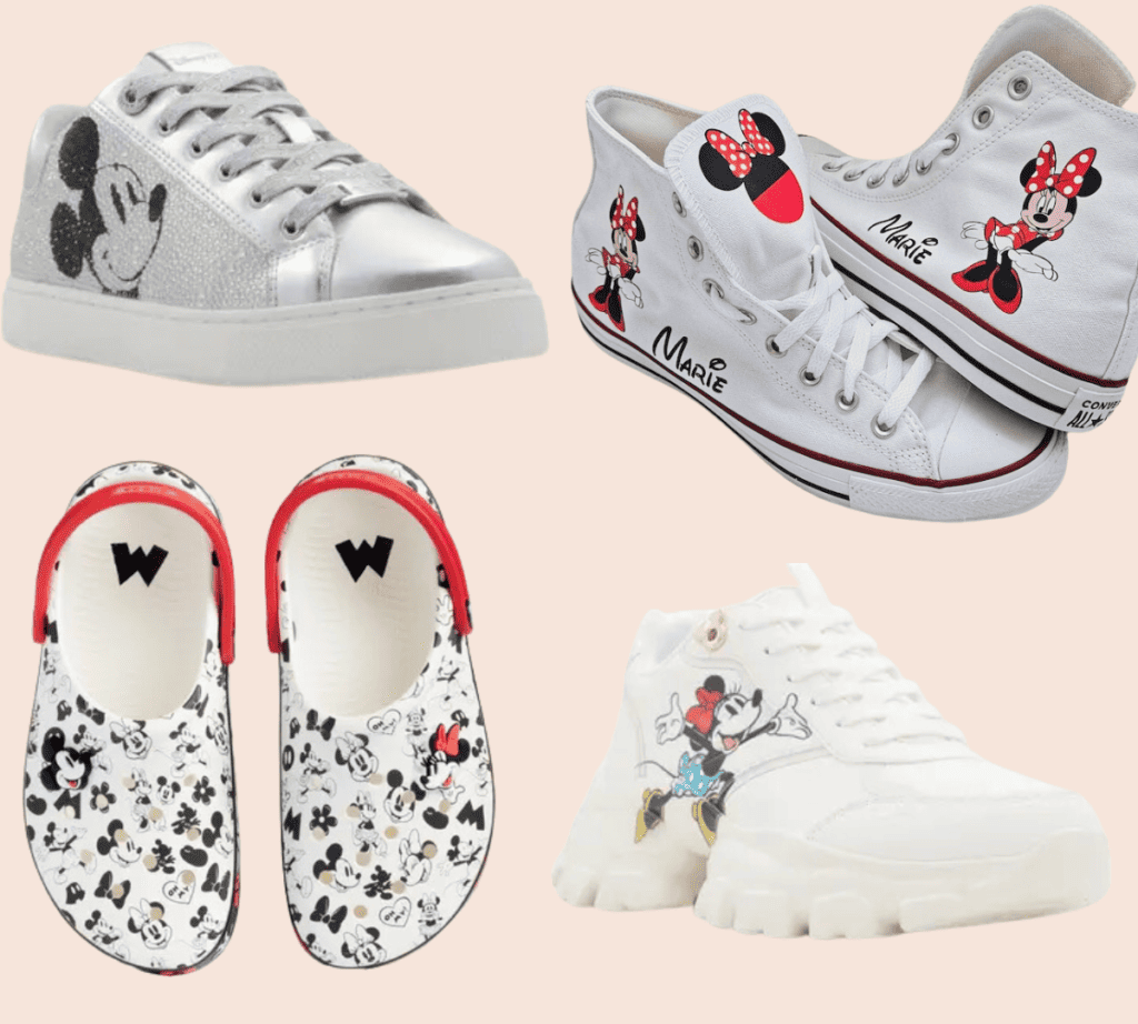 Collage of Disney-themed shoes featuring silver Mickey Mouse sneakers, white high-top Converse with Minnie Mouse print, black and white Mickey and Friends slip-ons, and chunky white sneakers with a colorful Minnie Mouse design.