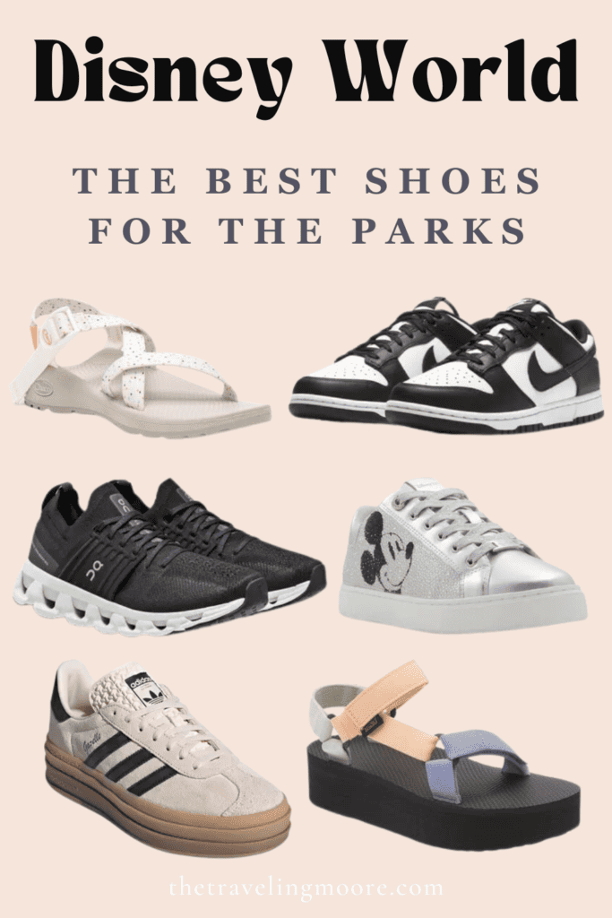 Pictorial blog post cover featuring a selection of footwear with the title 'Disney World: The Best Shoes for the Parks', showcasing white Chaco sandals, black and white Nike sneakers, black ON running shoes, silver Mickey Mouse sneakers, beige Adidas Gazelle sneakers, and multi-colored platform Teva sandals