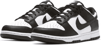 A pair of women's Nike Dunk Low sneakers featuring a classic two-tone color scheme with black overlays, white underlays, and the iconic Nike Swoosh on the side. The perforated toe box and padded low-top collar offer comfort and breathability.