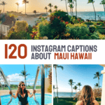 A collage promoting '120 Instagram Captions about Maui Hawaii' from thetravelingmoore.com, featuring idyllic scenes of a woman by a pool and a tranquil ocean view framed by palm trees, encapsulating the beauty and leisure of Maui.