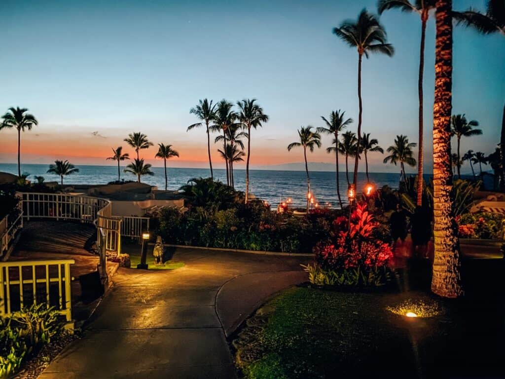 A serene dusk view of a pathway lined with tiki torches and palm trees, leading towards the ocean in Maui, with a breathtaking gradient of sunset colors fading from pink to deep blue in the sky.