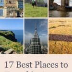 A collage of travel destinations featuring Malta, Indian trekking, London Bridge, Cliffs of Moher, Petronas Towers, and the Great Migration in Kenya, with text "17 Best Places to Travel in August.