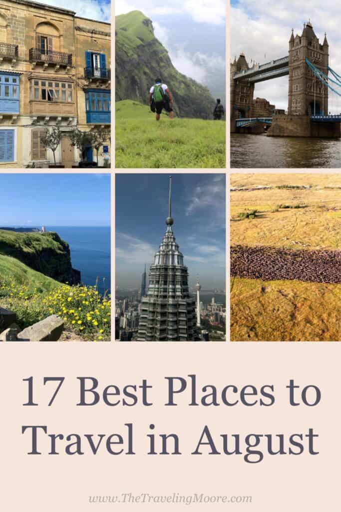 A collage of travel destinations featuring Malta, Indian trekking, London Bridge, Cliffs of Moher, Petronas Towers, and the Great Migration in Kenya, with text 