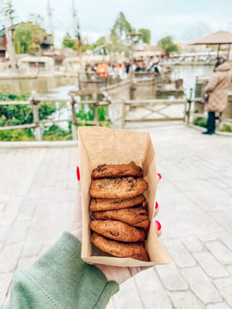 A hand with pink-painted nails holds a paper tray filled with a stack of chocolate chip cookies. The background shows an outdoor setting near a body of water, with people and wooden structures in the distance, creating a picturesque scene.
